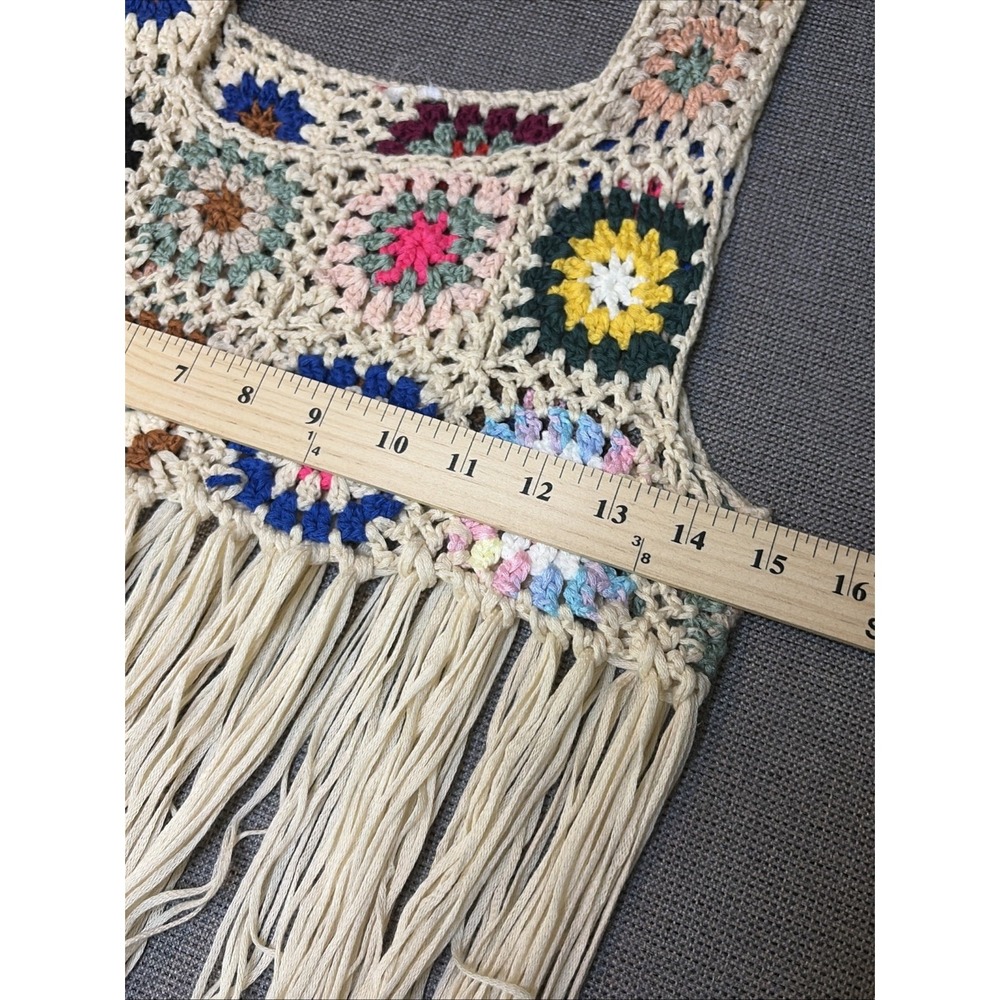 Y2K Crochet Granny Square‎ Fringe Crop Top Boho Festival Hippie Knit Vest Small - Picture 5 of 8